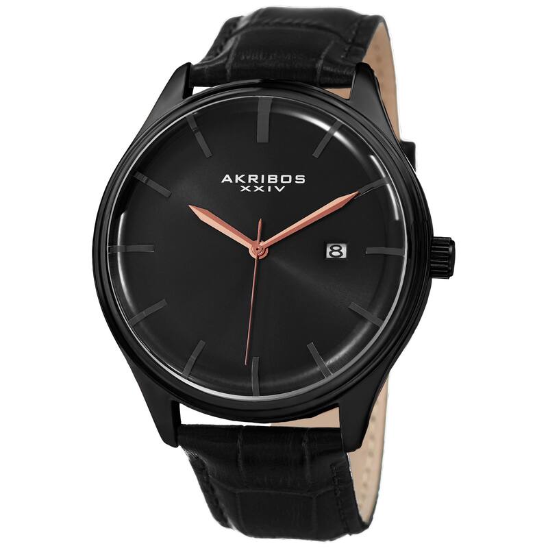Akribos XXIV Men's Quartz Date Black Leather Strap Watch