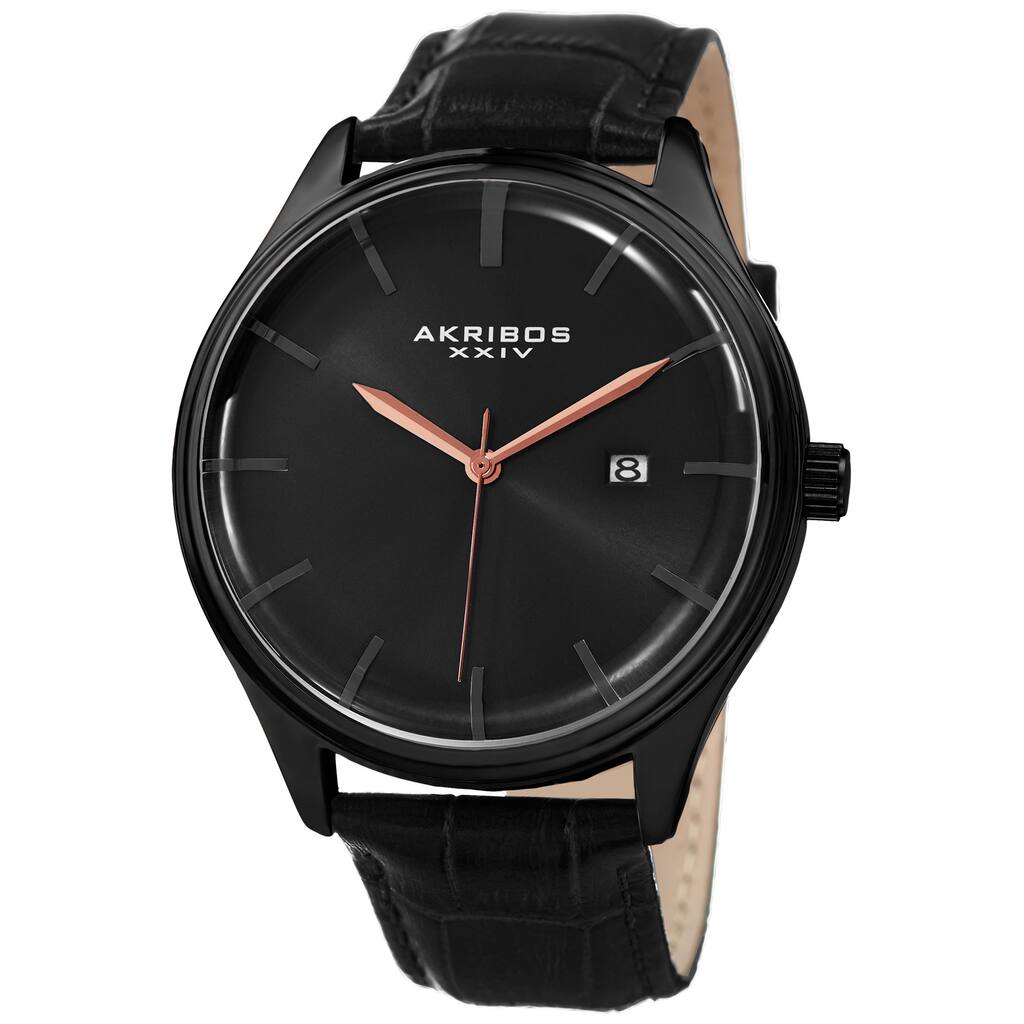 Akribos XXIV Men's Quartz Date Black Leather Strap Watch