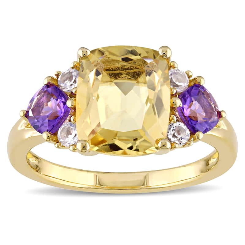 Miadora Yellow Plated Sterling Silver Cushion-cut Citrine African Amethyst and White Topaz Cocktail - 4.5