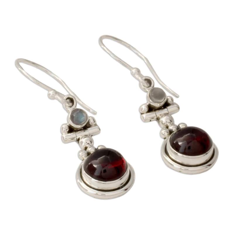 Handmade Sterling Silver Misty Moon Garnet Moonstone Earrings (India) - Red - 1.6*0.4