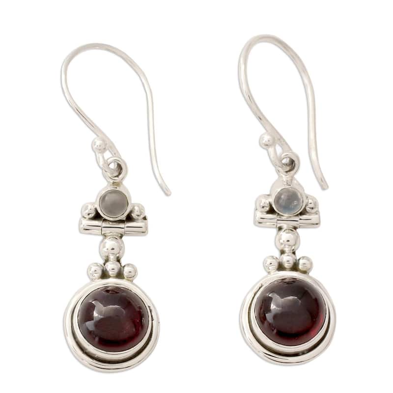 Handmade Sterling Silver Misty Moon Garnet Moonstone Earrings (India) - Red - 1.6*0.4 - 1.6*0.4 - Red - White