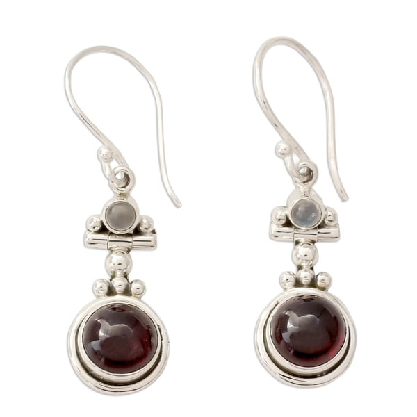 Handmade Sterling Silver 'Misty Moon' Garnet Moonstone Earrings (India) - Red