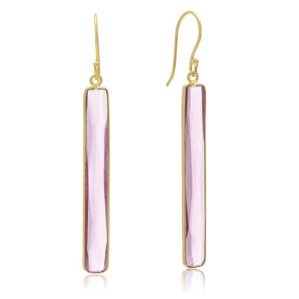 Yellow Gold Over Sterling Silver 20 TGW Raspberry Quartz Bar Earrings, 1 3/4 Inch - Pink