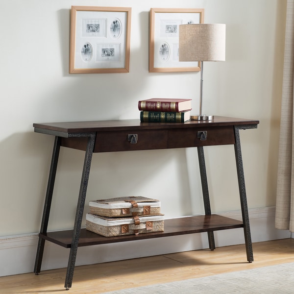 Contemporary Walnut Finish Brown Side Table With Bronzed Steel Contemporary Walnut Finish Brown Side Table With Bronzed Steel Legs Two Extendable Drawers And Lower Storage