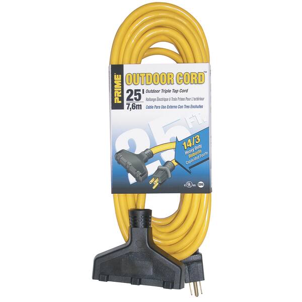 Prime EC600725K 25' 14/3 SJTW Yellow TripleTap Outdoor Extension Cord