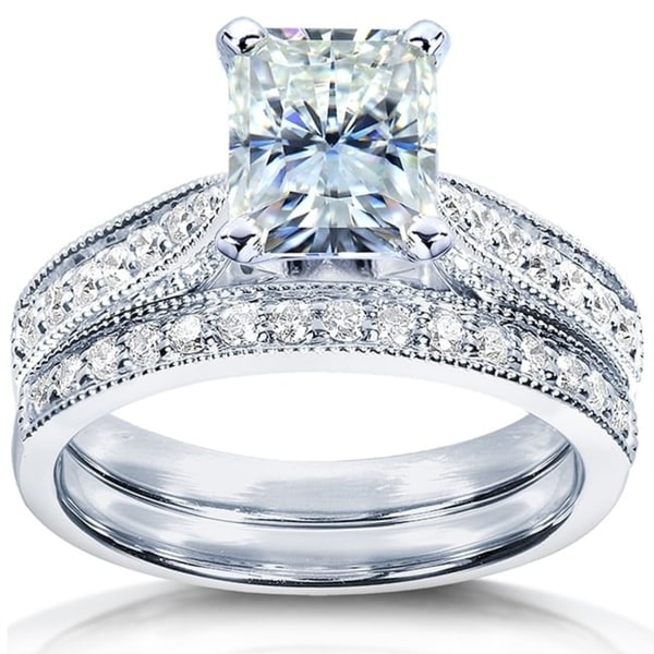 Annello by Kobelli 14k White Gold 1 1/2ct TGW Radiant Moissanite (FG) and Round Diamond (GH) Engagement Ring