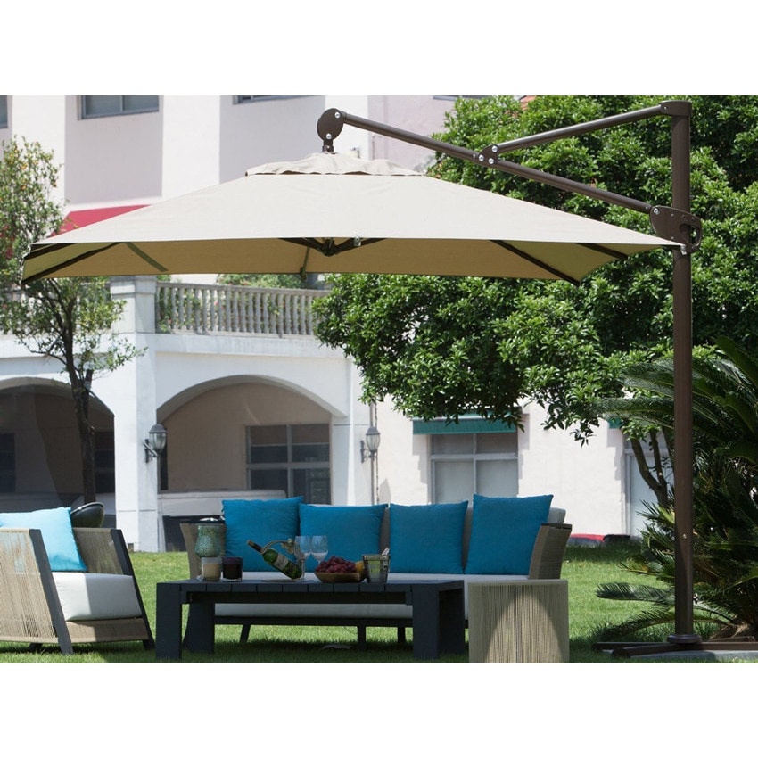 Shop Black Friday Deals On Alyeska 10 Foot Square Tan Offset Cantilever Vertical Tilt Patio Umbrella With Cross Base By Havenside Home Overstock 11778429