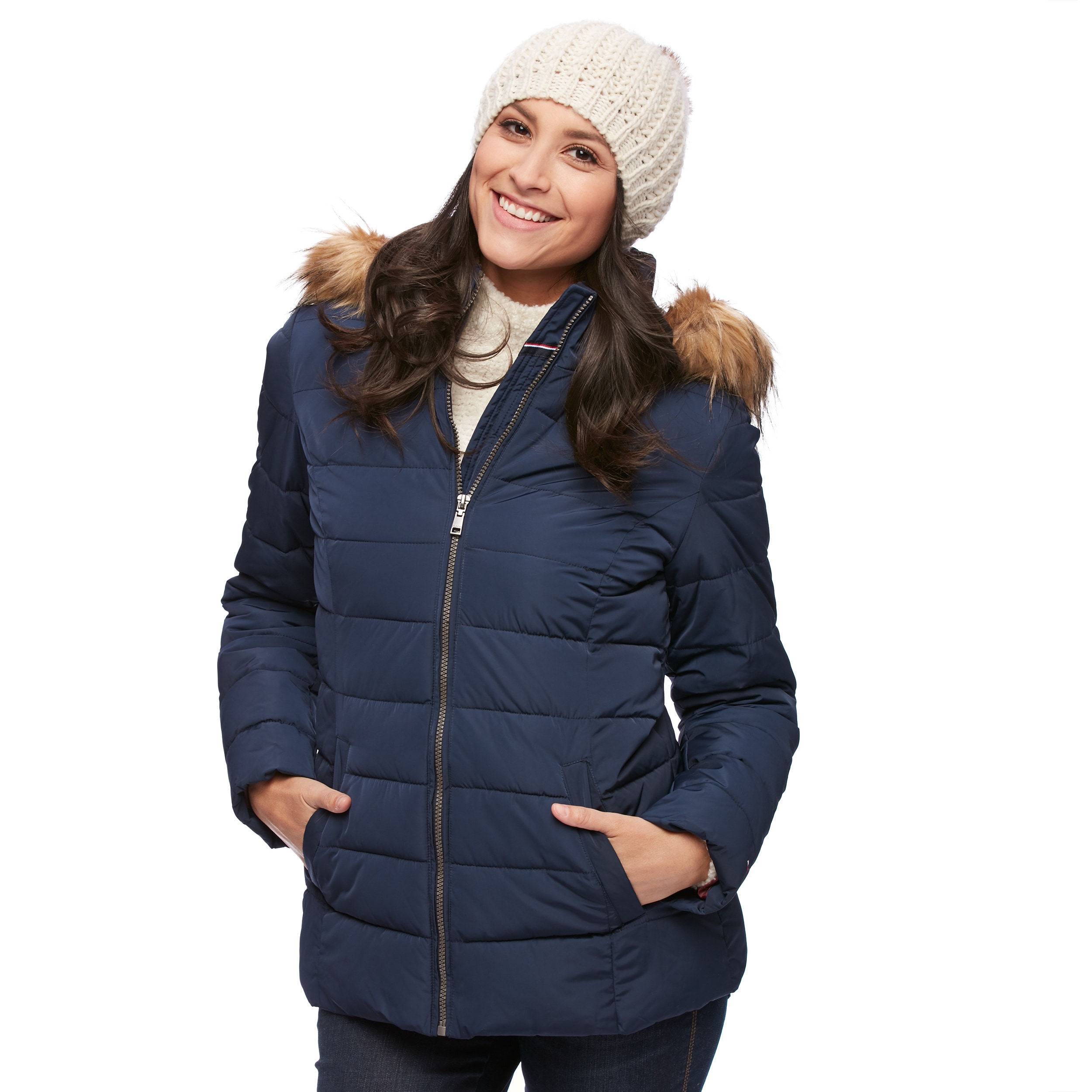 tommy hilfiger down hooded puffer jacket in navy