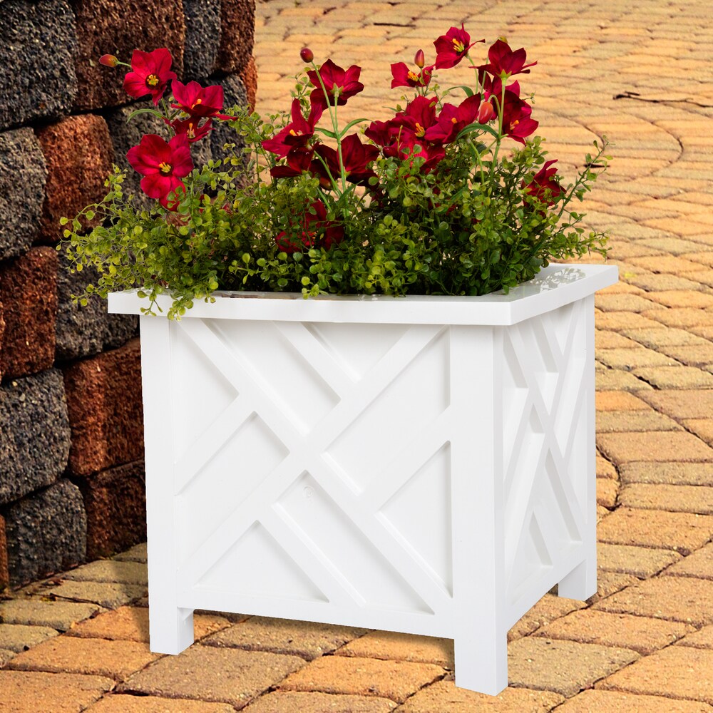 Pure Garden Lattice Planter Box - 15.5\" Square Outdoor Flower Pot, White Farmhouse Decor