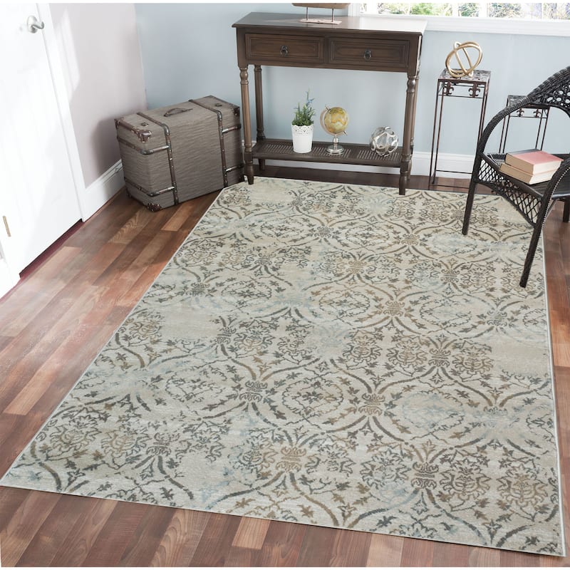 Admire Home Living Plaza Transitional Oriental Distressed Damask Pattern Area Rug