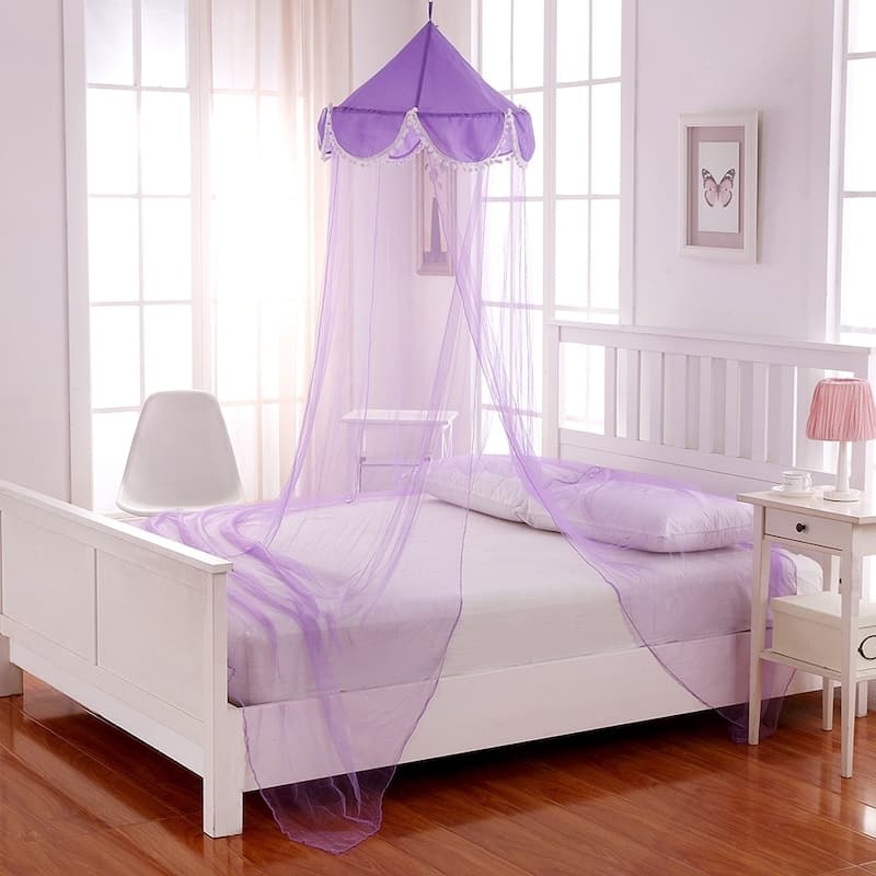 Sheer Pom Pom Collapsible Hoop Kids Bed Canopy