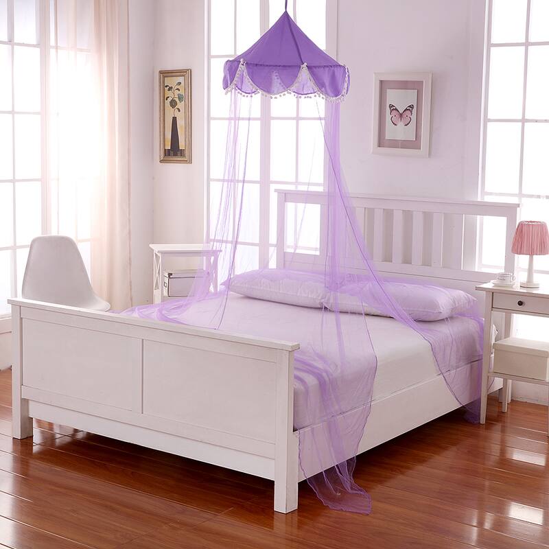 Sheer Pom Pom Collapsible Hoop Kids Bed Canopy