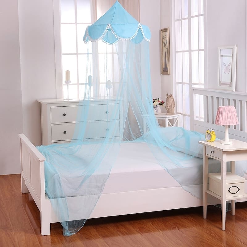 Sheer Pom Pom Collapsible Hoop Kids Bed Canopy