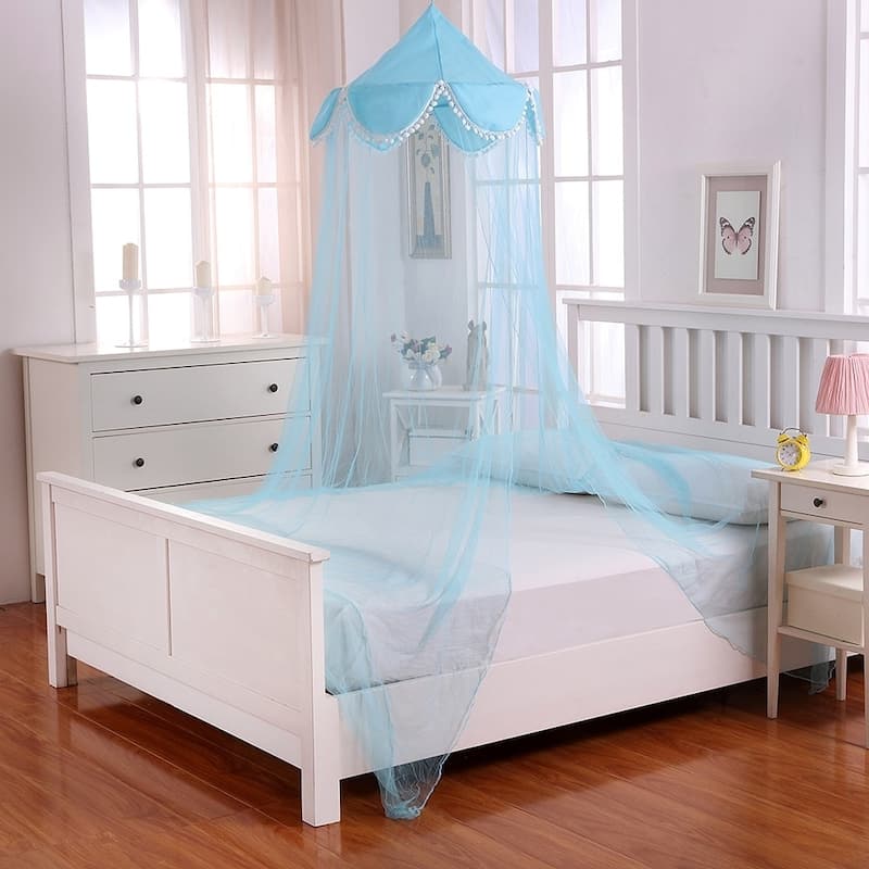 Sheer Pom Pom Collapsible Hoop Kids Bed Canopy