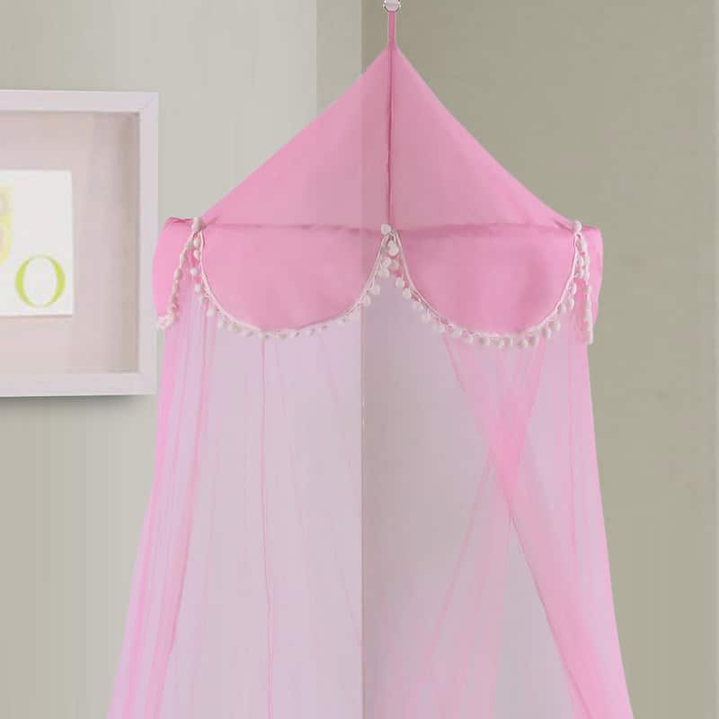 Sheer Pom Pom Collapsible Hoop Kids Bed Canopy - Pink