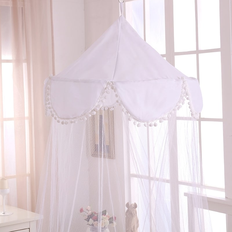 Sheer Pom Pom Collapsible Hoop Kids Bed Canopy