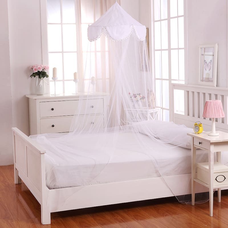 Sheer Pom Pom Collapsible Hoop Kids Bed Canopy