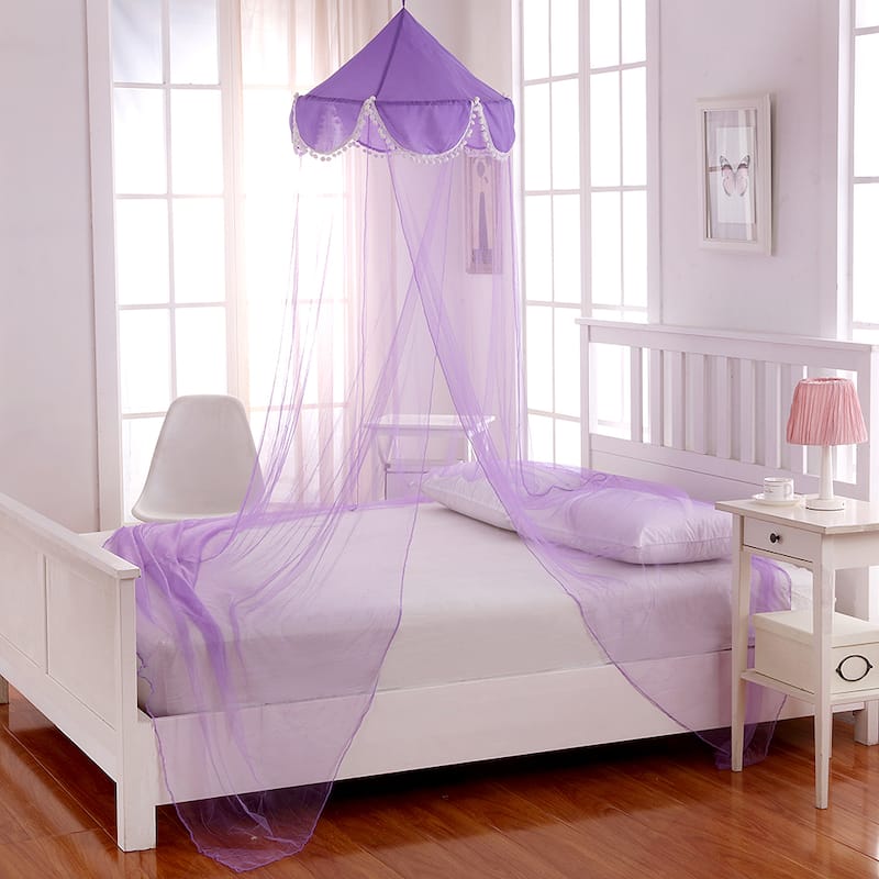 Sheer Pom Pom Collapsible Hoop Kids Bed Canopy