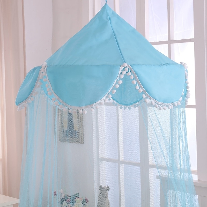 Sheer Pom Pom Collapsible Hoop Kids Bed Canopy