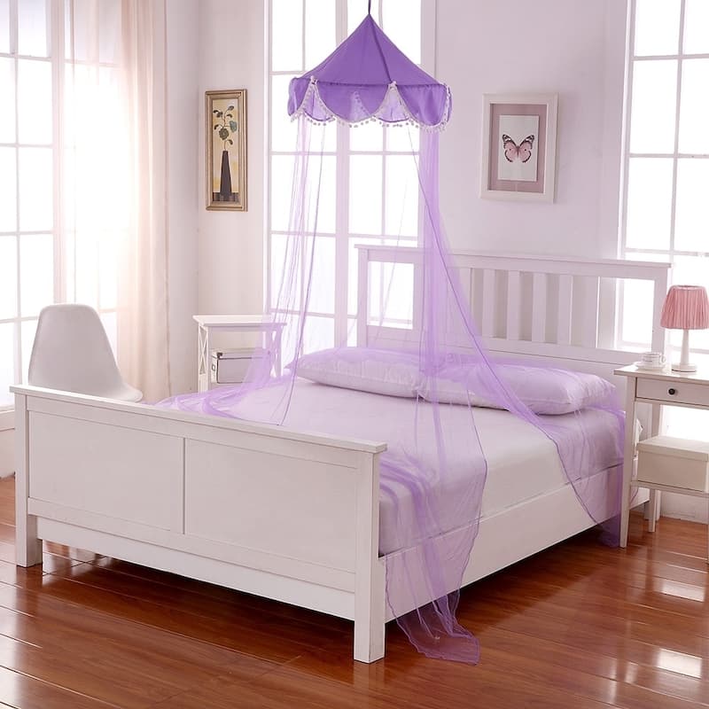Sheer Pom Pom Collapsible Hoop Kids Bed Canopy