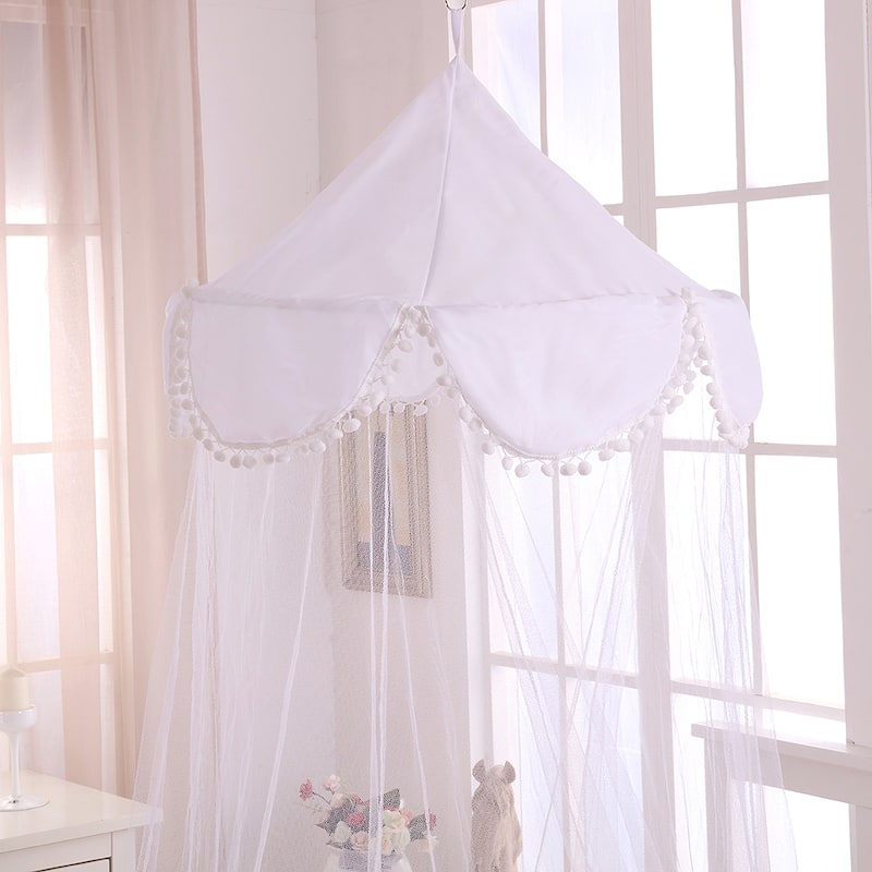 Sheer Pom Pom Collapsible Hoop Kids Bed Canopy
