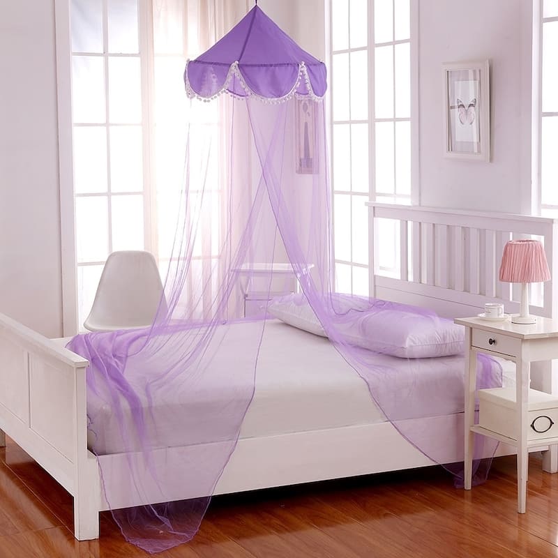 Sheer Pom Pom Collapsible Hoop Kids Bed Canopy - Purple