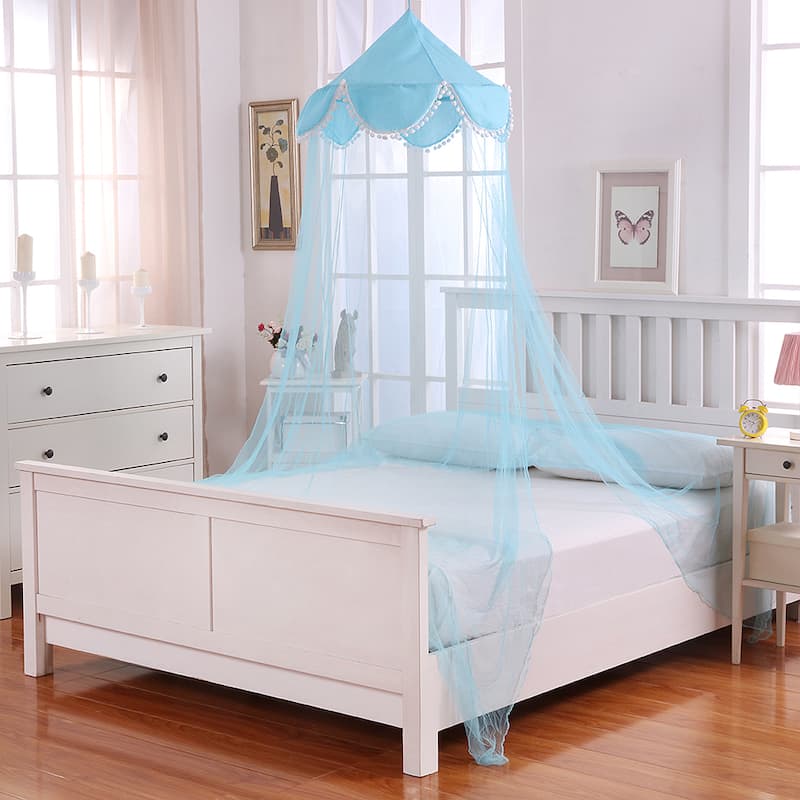 Sheer Pom Pom Collapsible Hoop Kids Bed Canopy