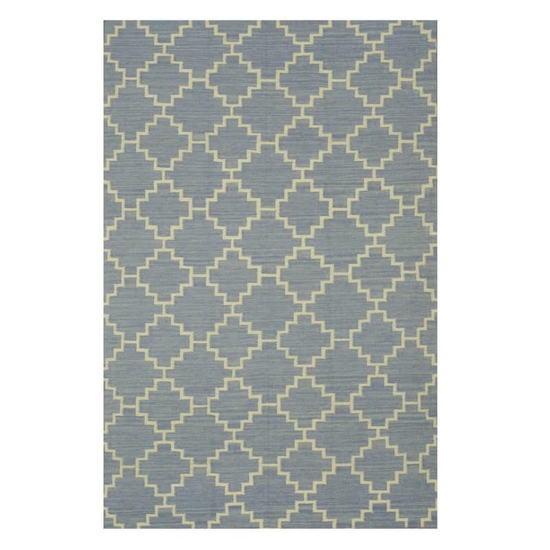 Handmade Wool Blue Contemporary Trellis Flatweave Reversible Moroccan Rug