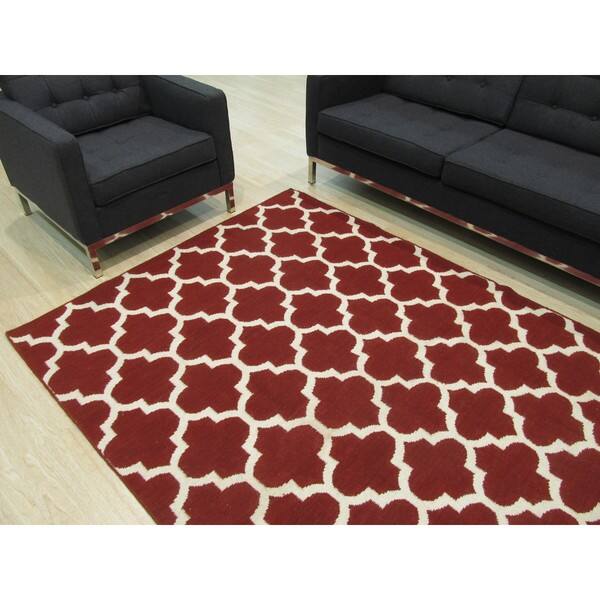 Handmade Wool Red Contemporary Trellis Flatweave Revesible Moroccan Rug