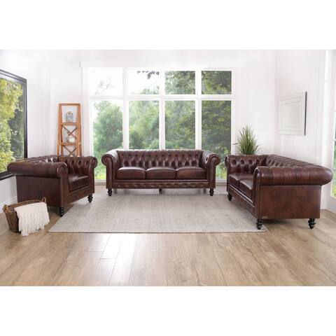 Abbyson Grand Chesterfield Brown Top Grain Leather 3 Piece Set
