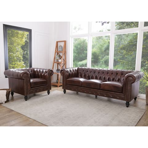 Abbyson Grand Chesterfield Brown Top Grain Leather 2 Piece Sofa and Armchair Set