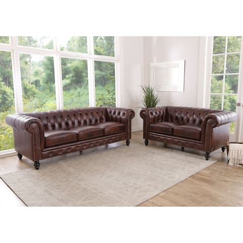 Abbyson Grand Chesterfield Brown Top Grain Leather 2 Piece Sofa and Loveseat Set