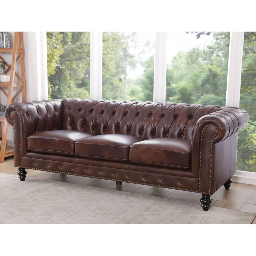 Abbyson Grand Chesterfield Brown Top Grain Leather Sofa