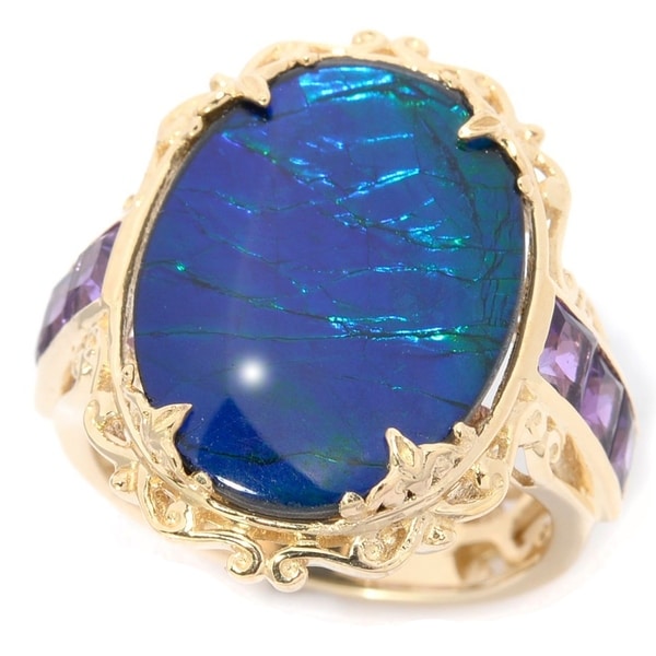Gems en Vogue 14k Yellow Gold with Purple Ammolite Cabochon and Princess cut African Amethyst Ring. Opens flyout.