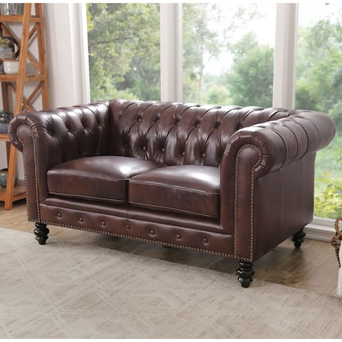 Abbyson Grand Chesterfield Brown Top Grain Leather Loveseat