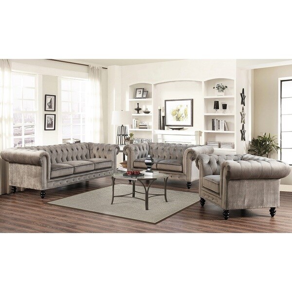 ABBYSON LIVING Grand Chesterfield Grey Velvet 3-piece Sofa, Loveseat