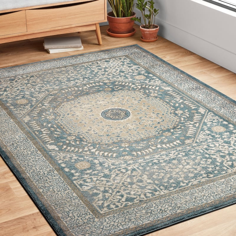 Alexander Home Kendrick Medallion Oriental Distressed Rug - 12' x 15' - Blue / Sand - Rectangle