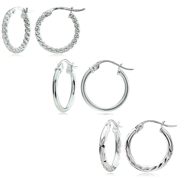 Mondevio Sterling Silver 3 Style 15 Mm Hoop Earrings Set On Mondevio Sterling Silver 3 Style 15 Mm Hoop Earrings Set