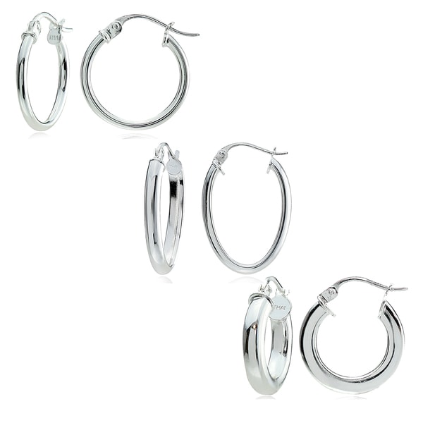 Mondevio Sterling Silver 3style High Polished Hoop Earrings (Set of 3