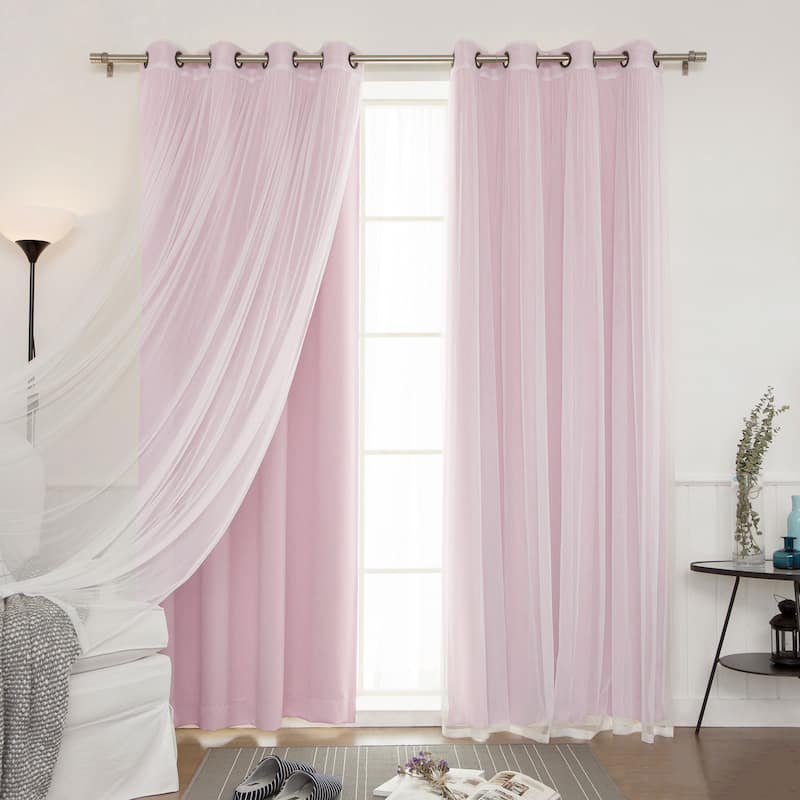 Aurora Home Mix and Match Curtains Blackout and Tulle Lace Sheer Curtain Panel Set (4-piece) - Light Pink, 63"