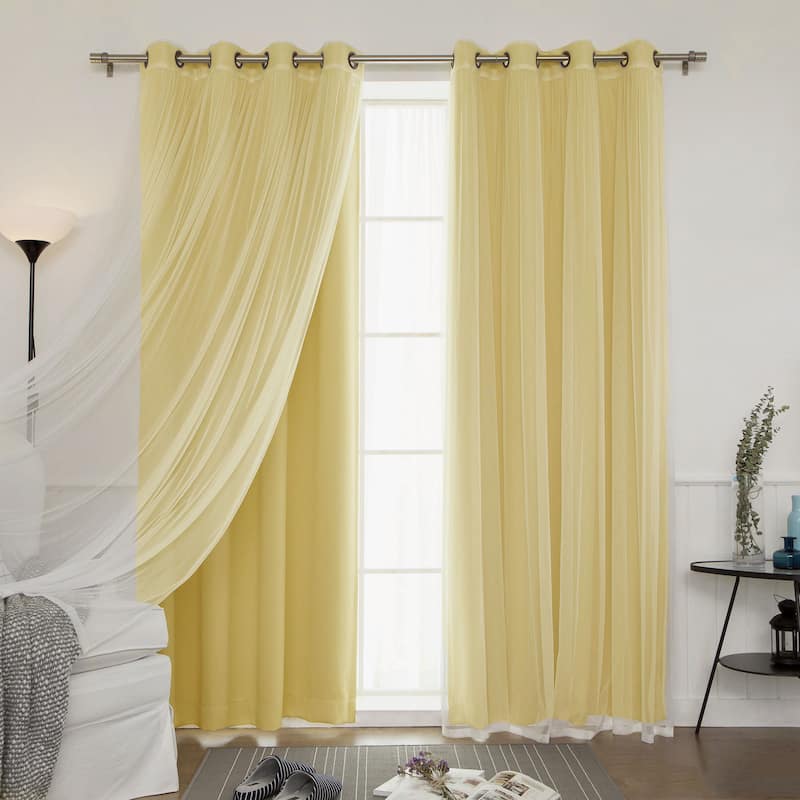 Aurora Home Mix and Match Curtains Blackout and Tulle Lace Sheer Curtain Panel Set (4-piece) - Mustard, 63"