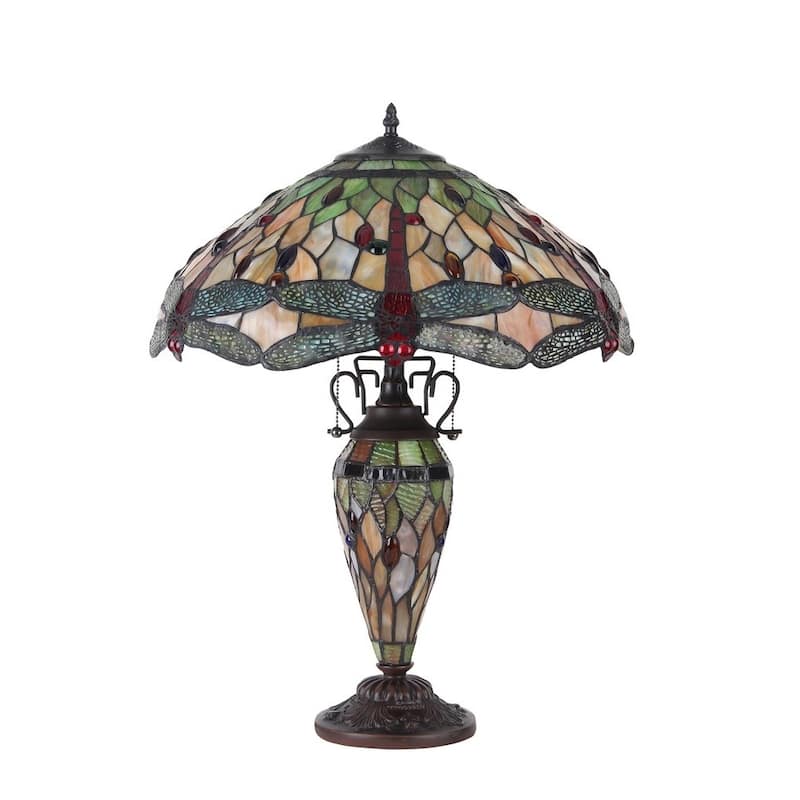 Tiffany Style Dragonfly Design Double Lit 2 + 1-light Dark Bronze Table Lamp