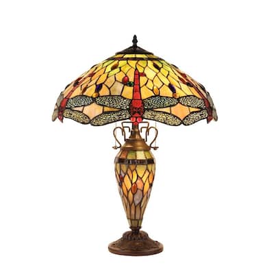 Tiffany Style Dragonfly Design Double Lit 2 + 1-light Dark Bronze Table Lamp