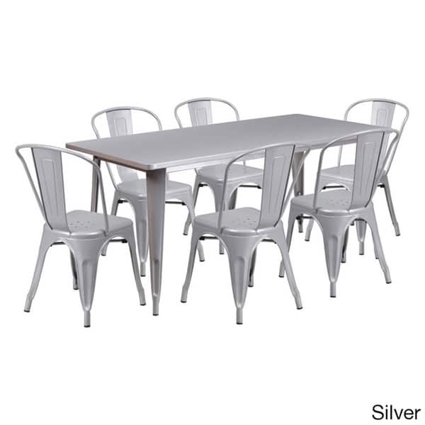 Offex 31.5 Inches X 63 Inches Home Indoor Rectangular Metal Cafe Table Set  With 6 Stack Chairs - Bed Bath & Beyond - 11818823