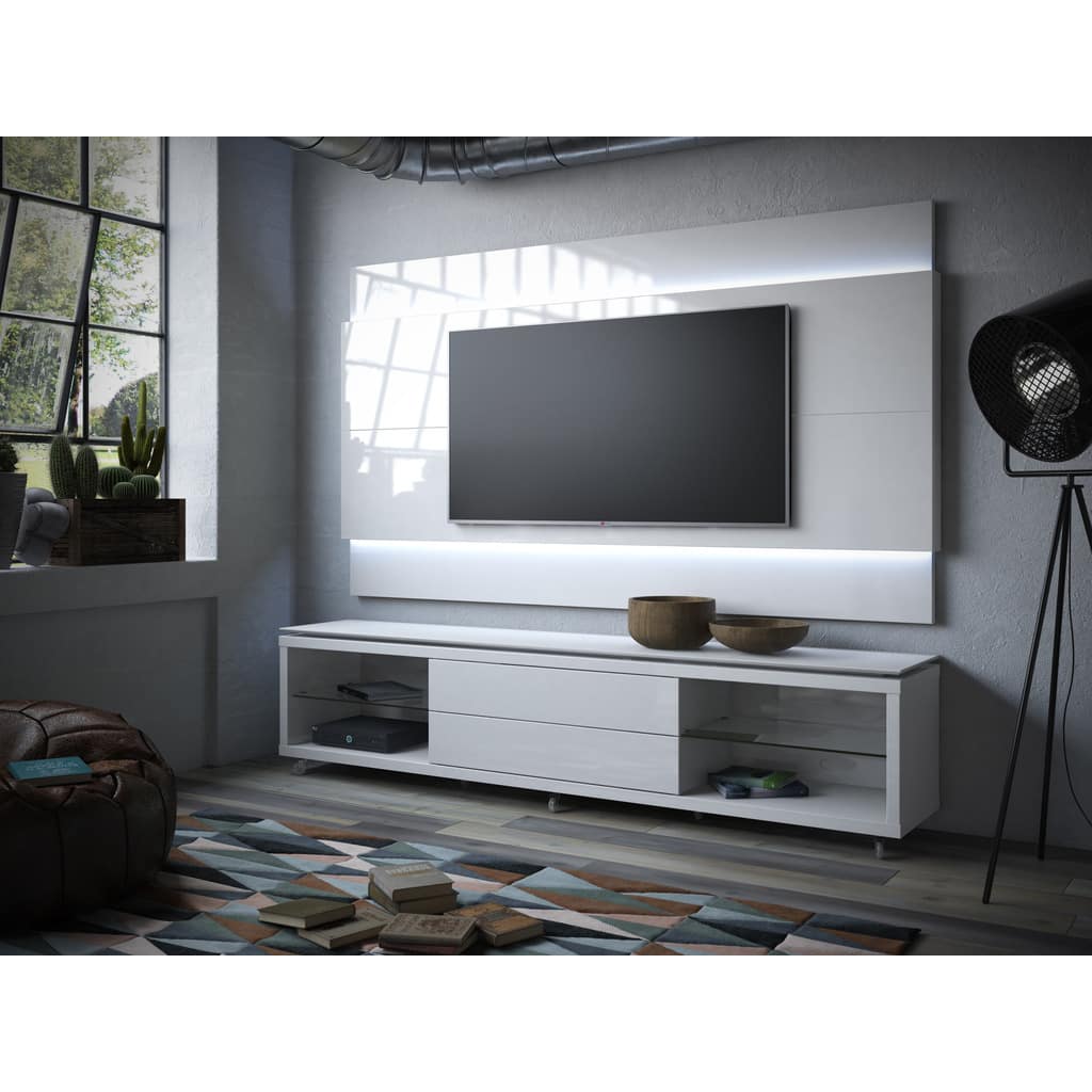 Manhattan Comfort Lincoln TV Stand with Silicon Casters and Lincoln Floating Wall TV Panel with LED Lights 1.9