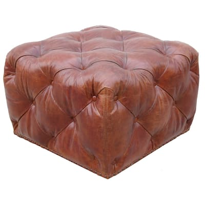 Pasargad Home Paris Club Genuine Leather Tufted Ottoman, Brown