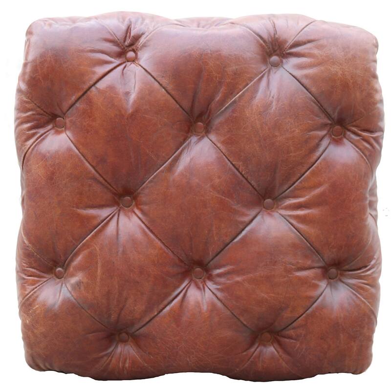 Pasargad Home Paris Club Genuine Leather Tufted Ottoman, Brown