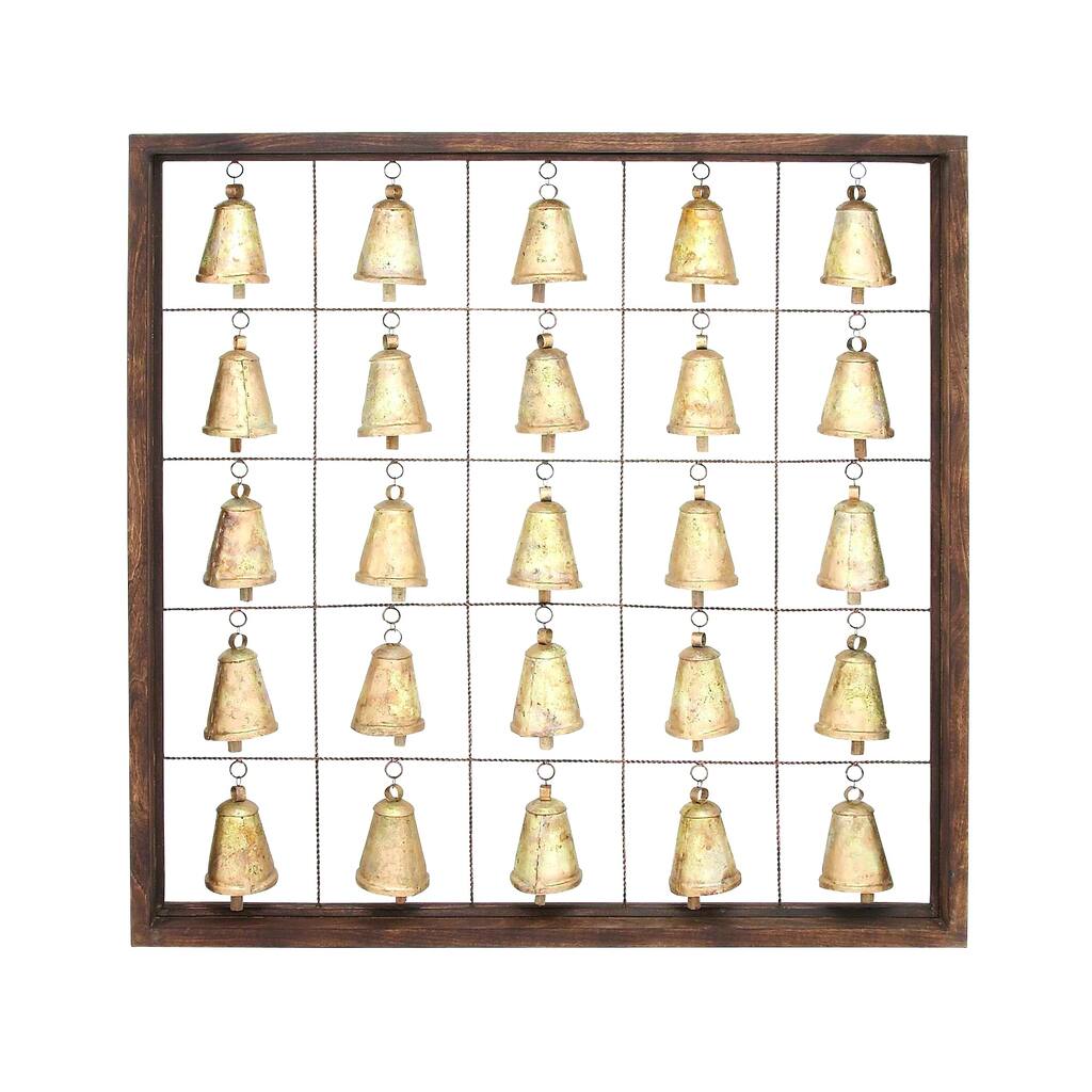 Classic Wooden Metal Bell Frame With Twenty Five Bells In A Simple Square Shaped Woo