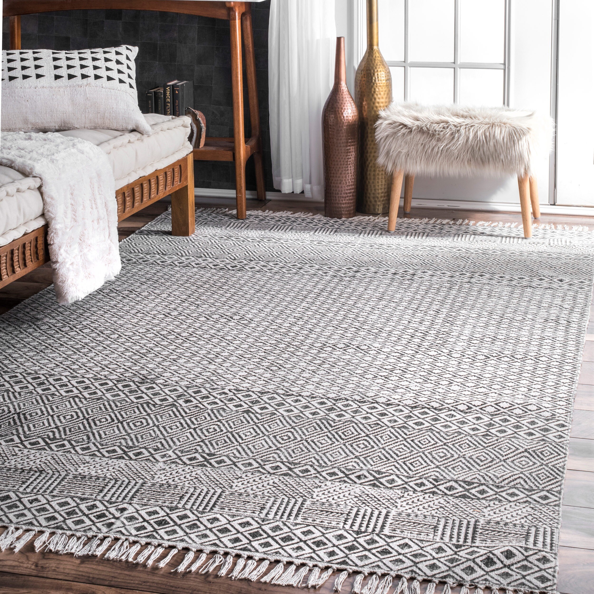Shop nuLOOM Handmade Flatweave Diamond Chain Cotton Fringe Grey Rug (8