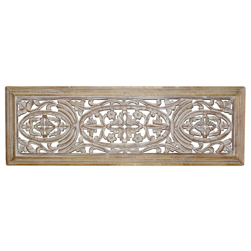 Rectangular Mango Wood Wall Panel Hand Crafted With Intricate Carving, White and Brown